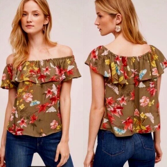 Maeve | Anthropologie Vallita Off-The-Shoulder Blouse Green Motif | Size XS - Picture 1 of 10